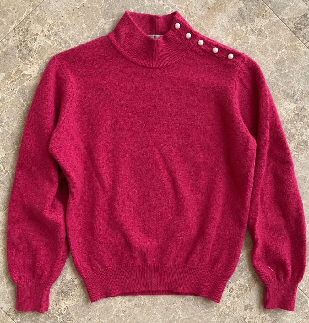 Designers Originals Vtg USA Fuchsia Mock Neck Sweater Pearl Accent Womens 6 38